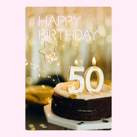 50th birthday cake with Happy Birthday sign