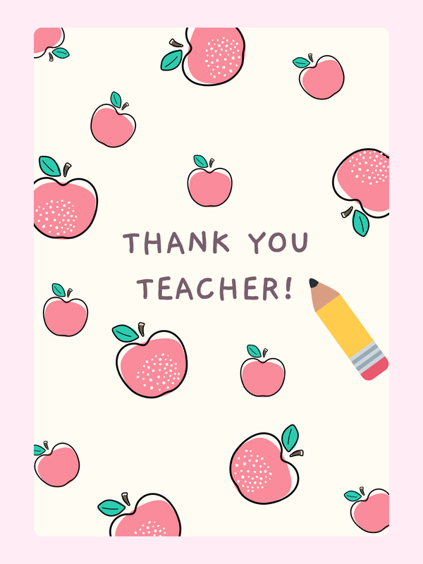 Thank you teacher card with apples and pencil