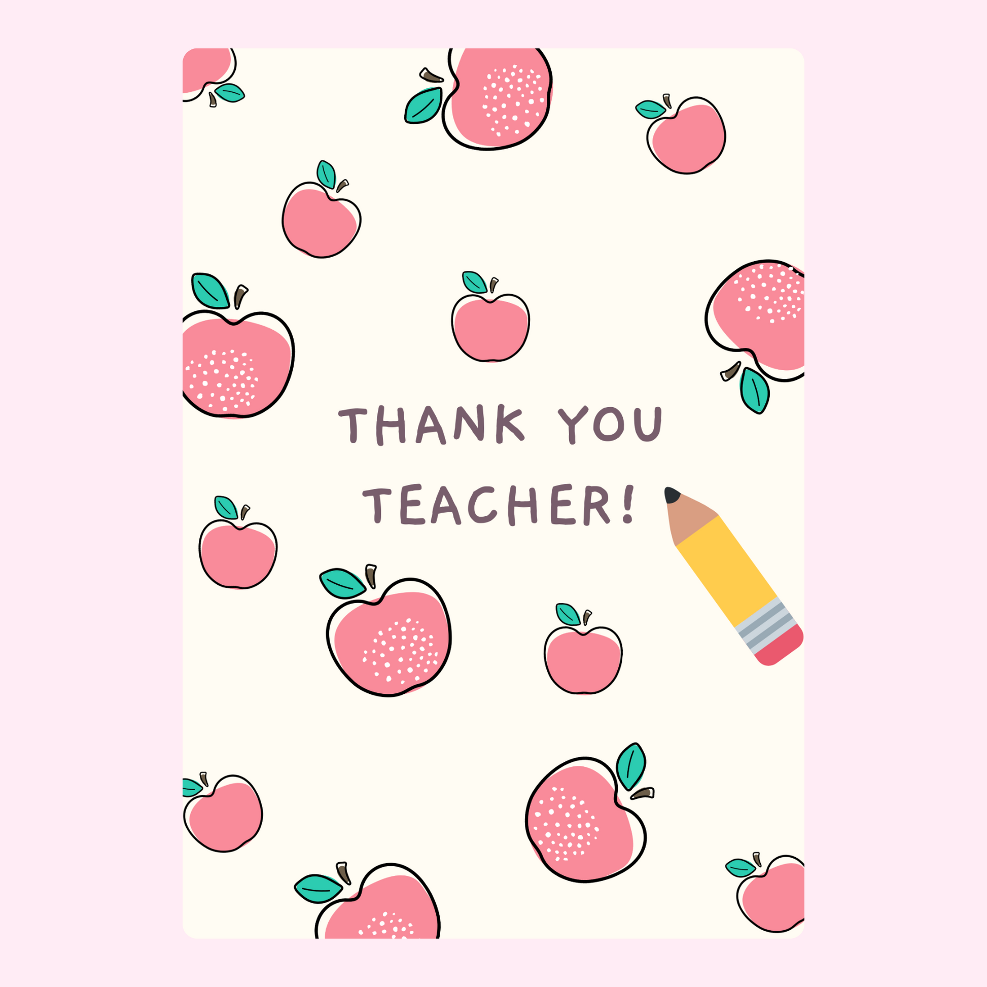 Thank you teacher card with apples and pencil