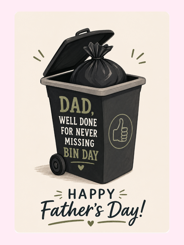 Bin Day Dad Hero Cake Card letterbox cake card with freshly baked cake slices