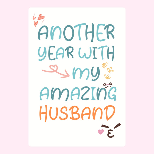 Anniversary message for husband with playful design.