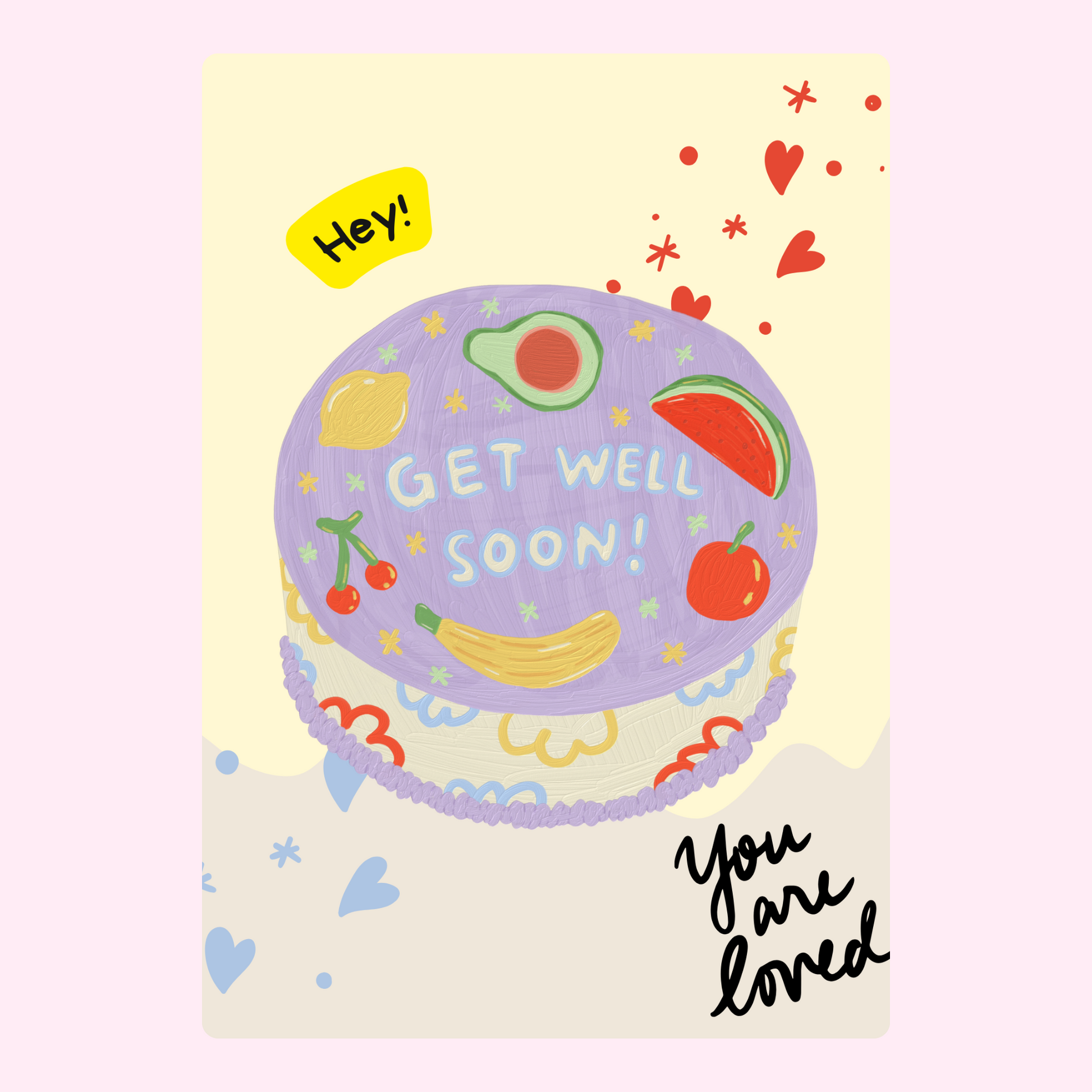 Get well soon card with fruit cake design