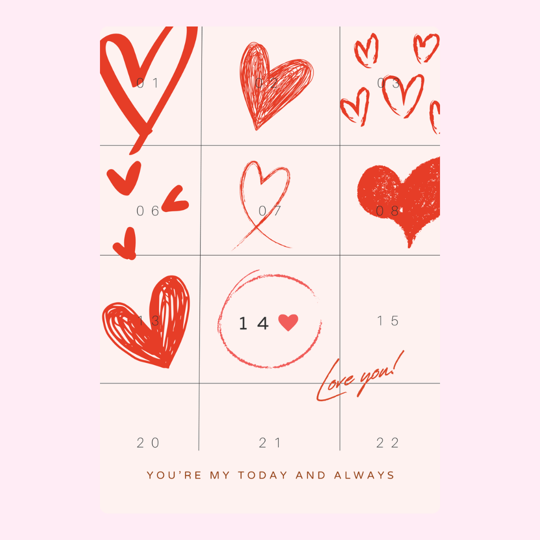 Valentine's Day hearts grid, Love You card.
