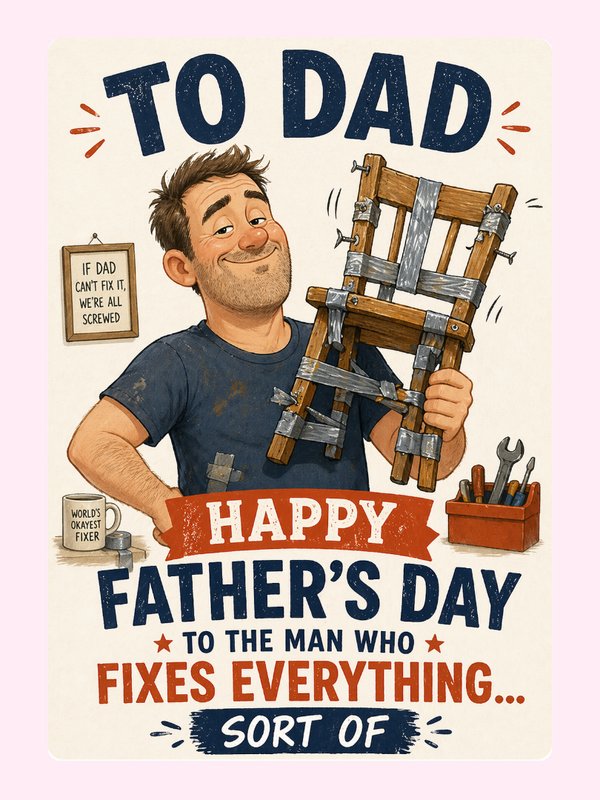 Fixes Everything Dad Father’s Day Cake Card letterbox cake card with freshly baked cake slices