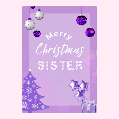 Merry Christmas Sister card with ornaments and gifts