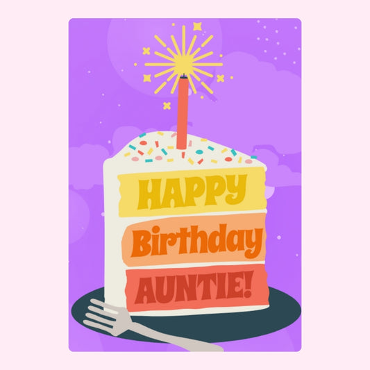 Cheerful birthday design with a colourful layered cake and candle, made for aunties.