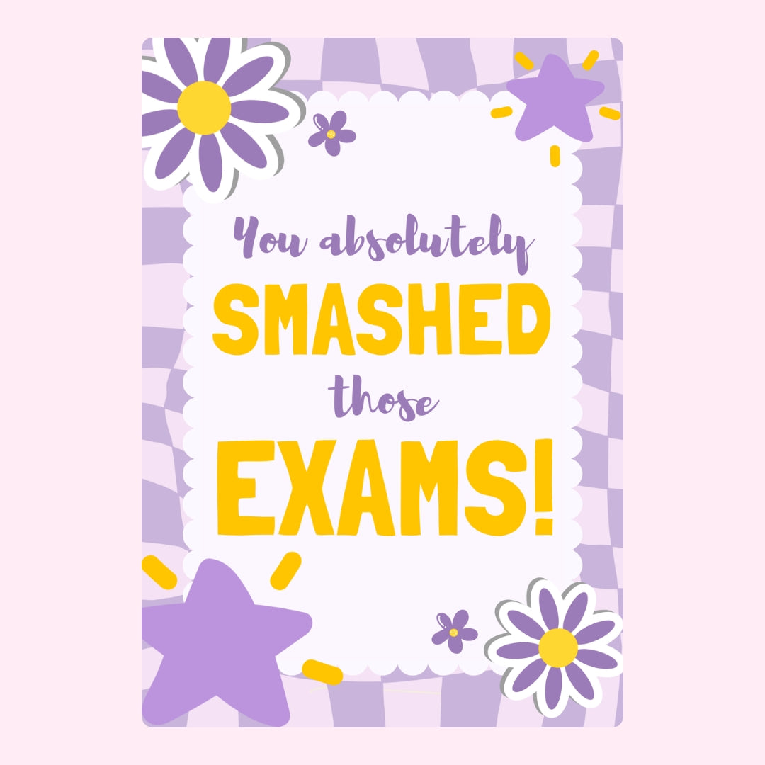 Purple and yellow exam congratulations design reading “You absolutely smashed those exams!”