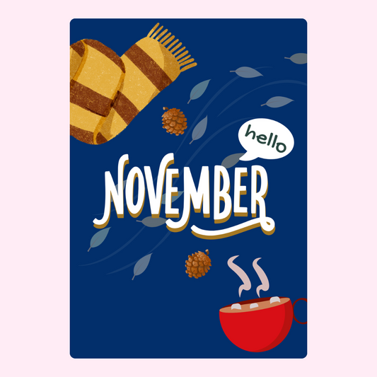 November greeting card with scarf and hot cocoa