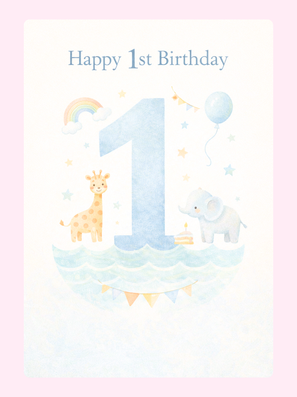 Cute 1st birthday card with number one and animals