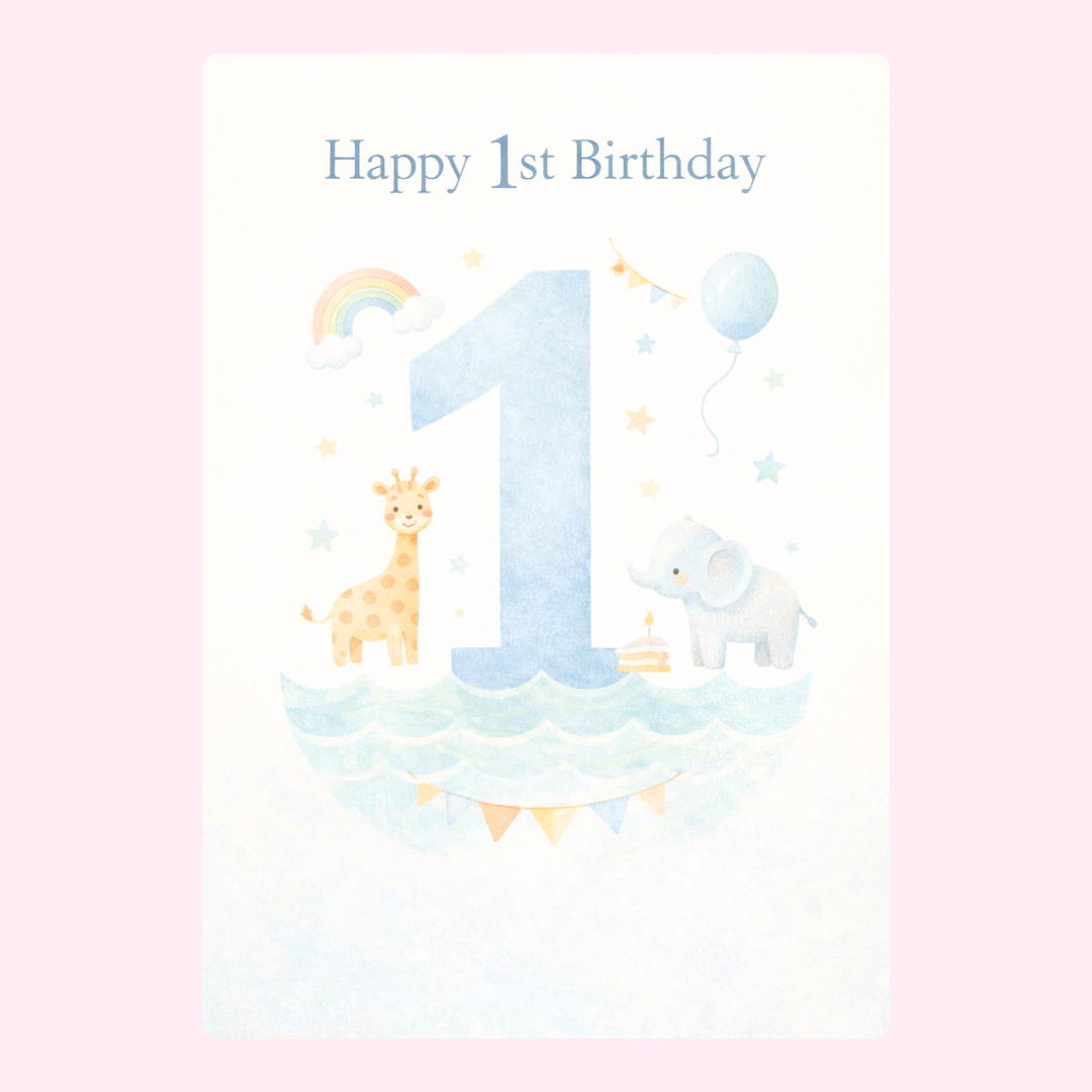Cute 1st birthday card with number one and animals