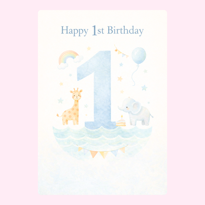 Cute 1st birthday card with number one and animals