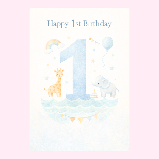 Cute 1st birthday card with number one and animals