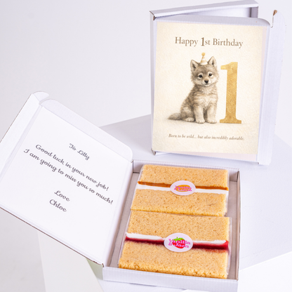 Personalised 1st birthday cake letterbox gift with puppy card