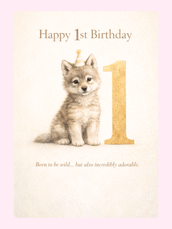 Cute puppy 1st birthday card with number one design