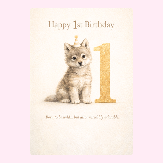 Cute puppy 1st birthday card with number one design