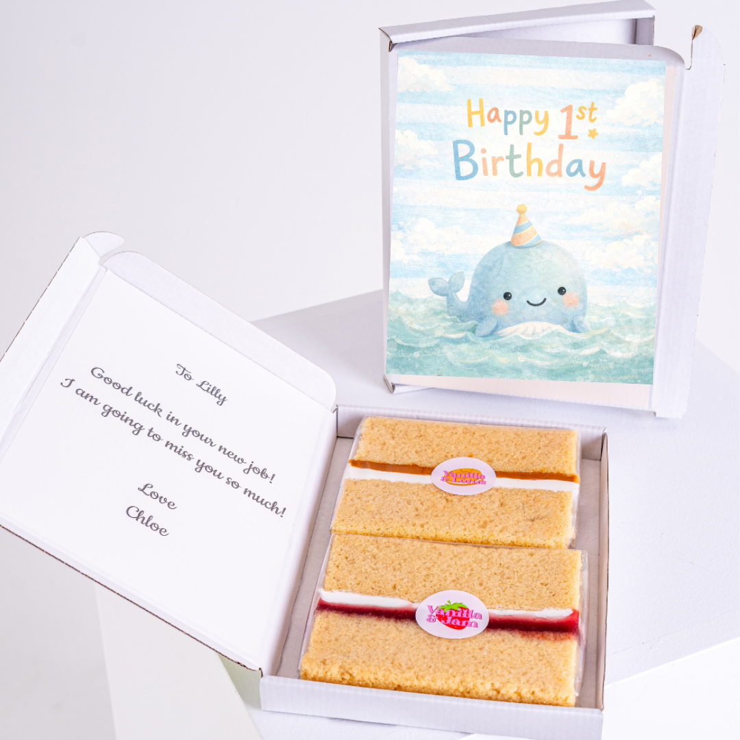 Personalised 1st birthday cake letterbox gift with whale card