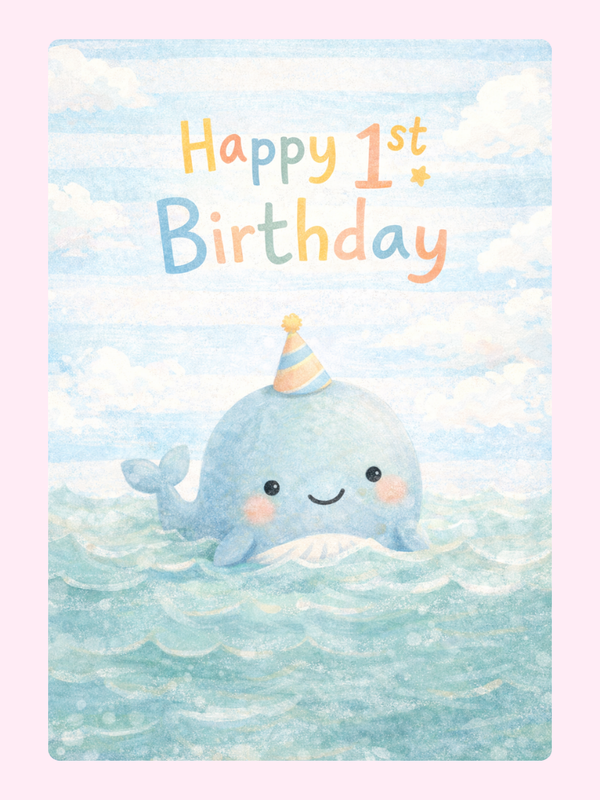 Cute whale 1st birthday card with pastel design