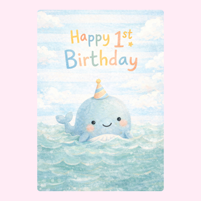 Cute whale 1st birthday card with pastel design