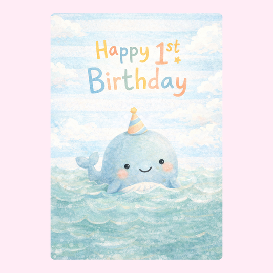 Cute whale 1st birthday card with pastel design