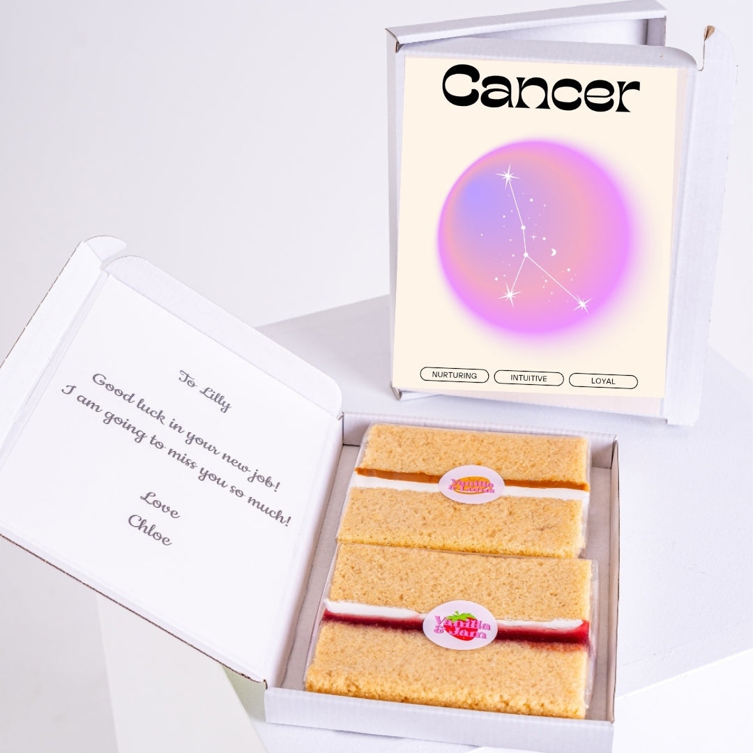 Letterbox cake gift with modern Cancer zodiac design and cake slices.