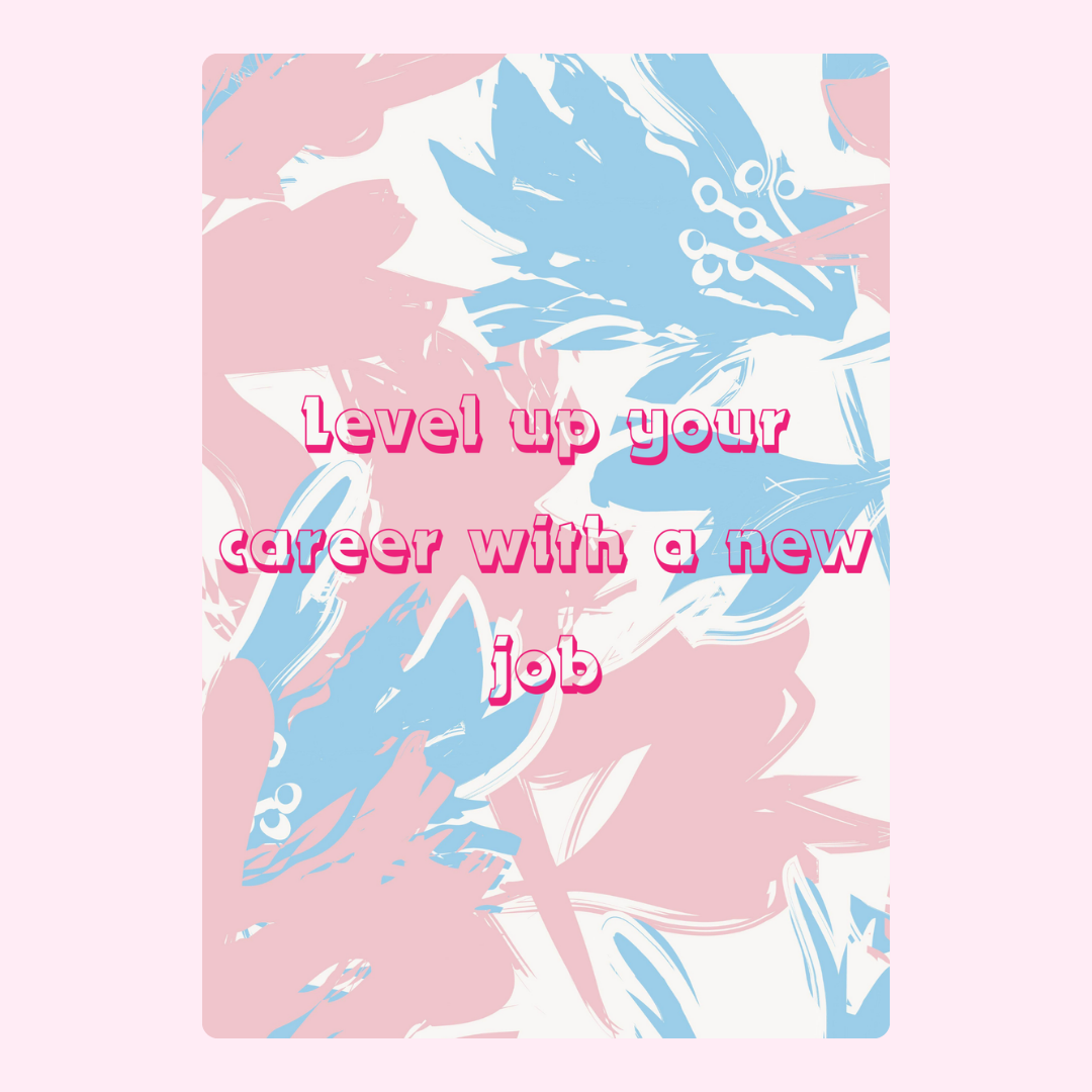 New job opportunity graphic with pink and blue floral background