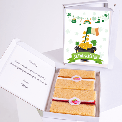 St. Patrick's Day cake gift box with card, farewell message to Lilly.
