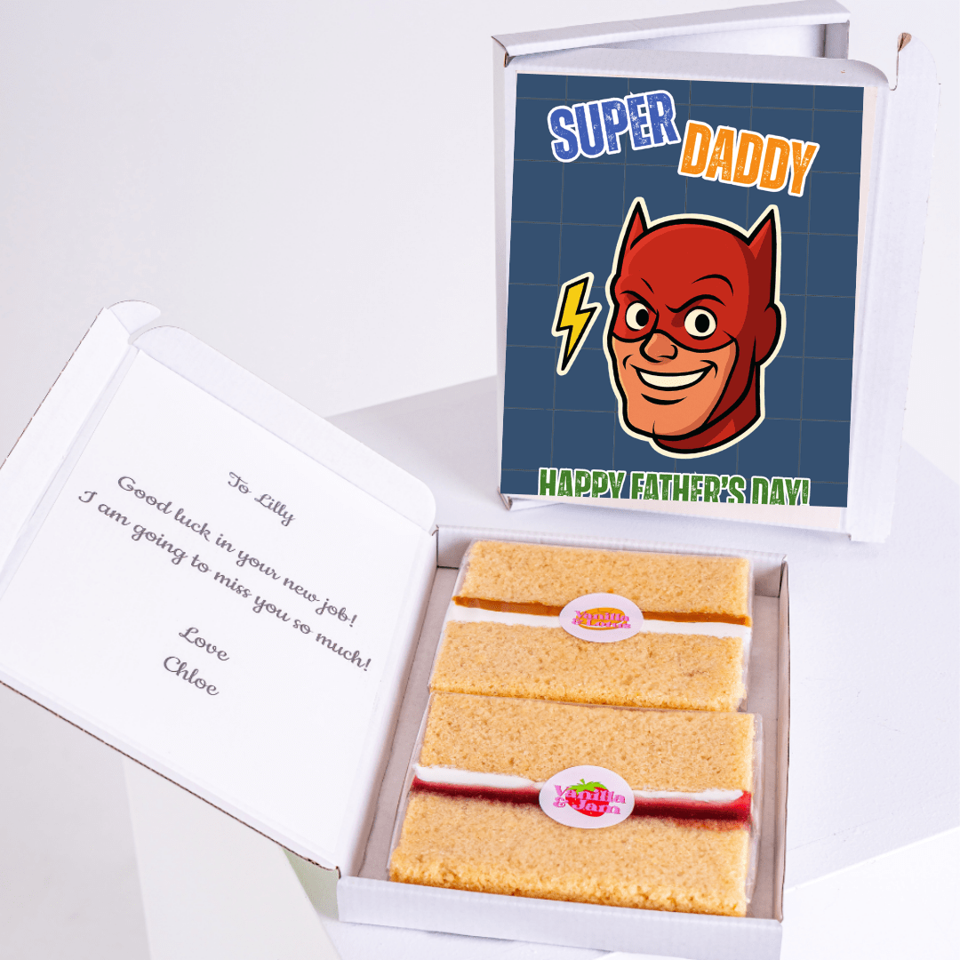 Father's Day gift box with Super Daddy and cake slices.