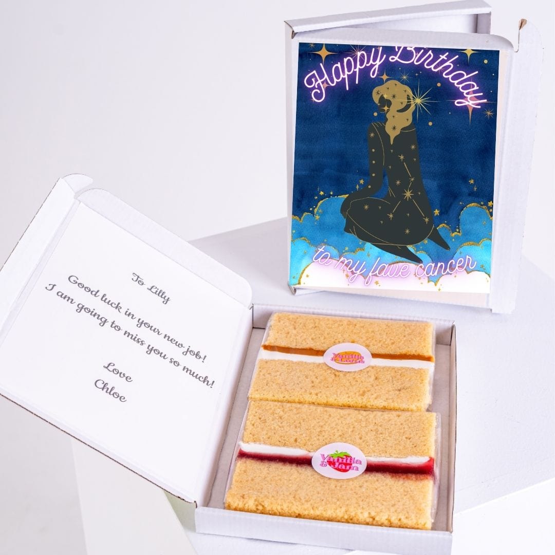 Birthday gift box with cake and card for Lilly, featuring Cancer zodiac.