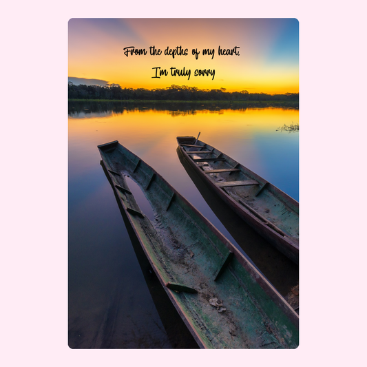 Apology with boats on water at sunset.