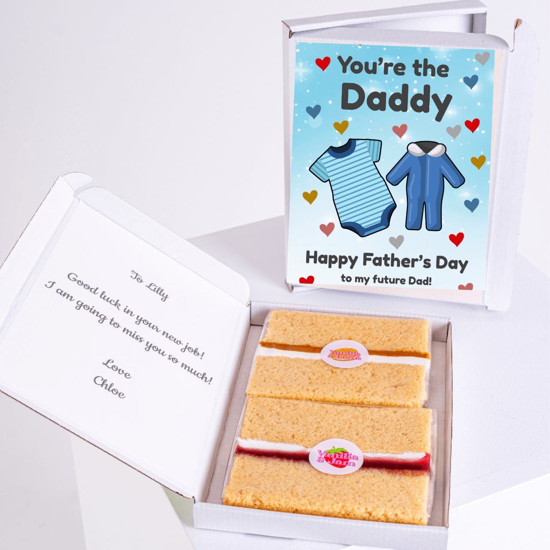 Father's Day gift box for future dad, with cake and card.