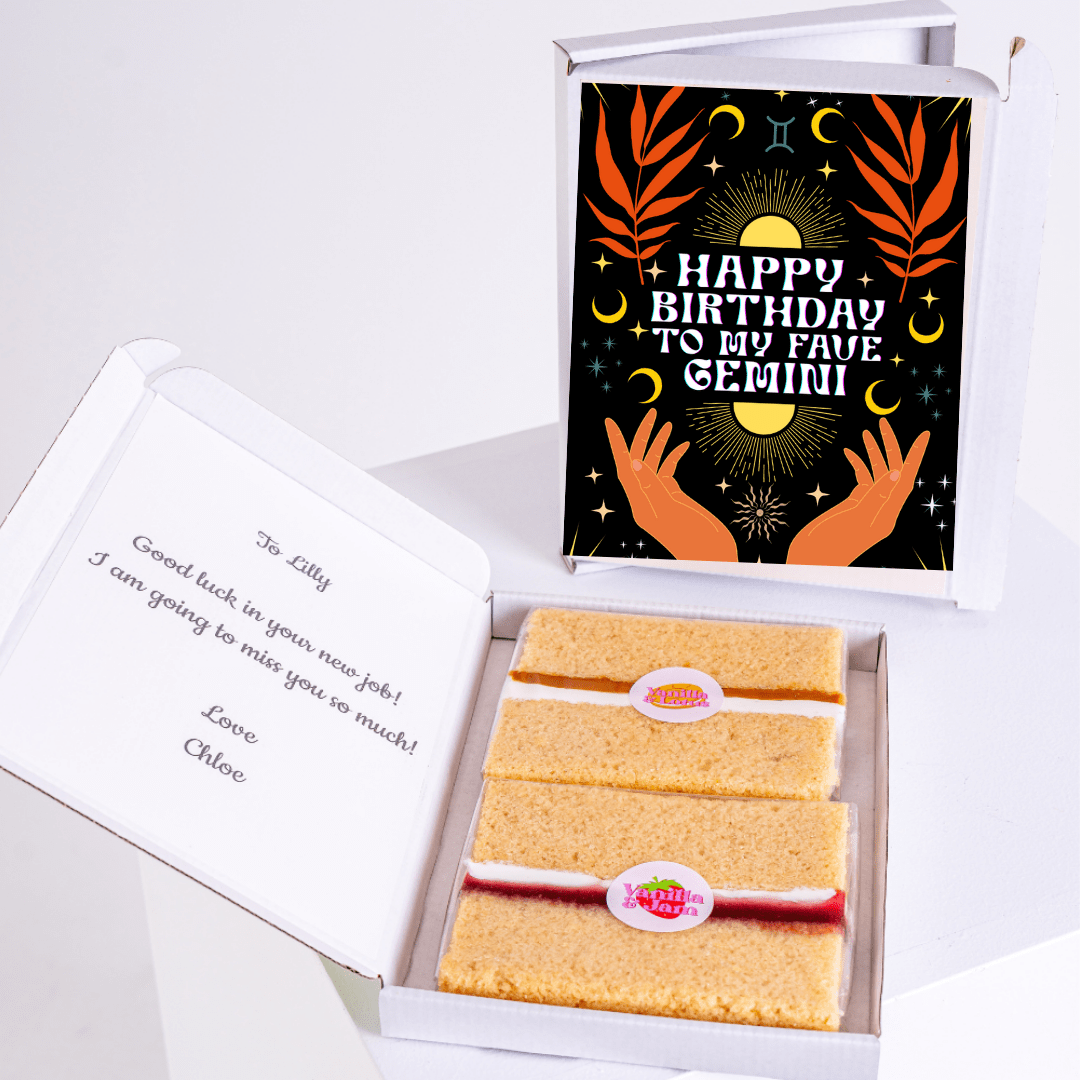 Birthday cake gift for Gemini with note from Chloe