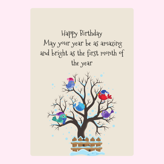 Birthday card with birds in a tree, Happy Birthday message.