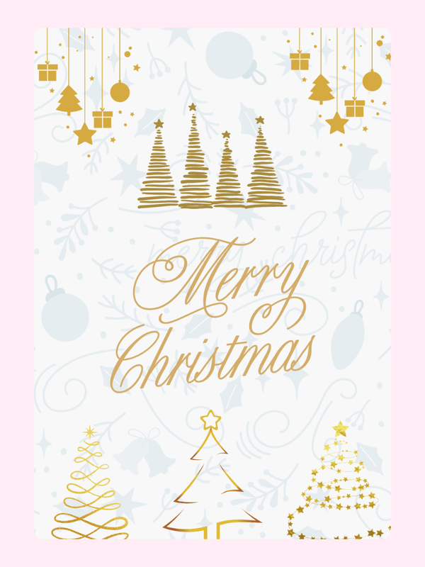 Merry Christmas card with gold trees and decor