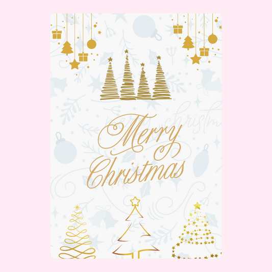 Merry Christmas card with gold trees and decor