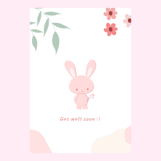 Get well soon card with pink bunny and flowers.