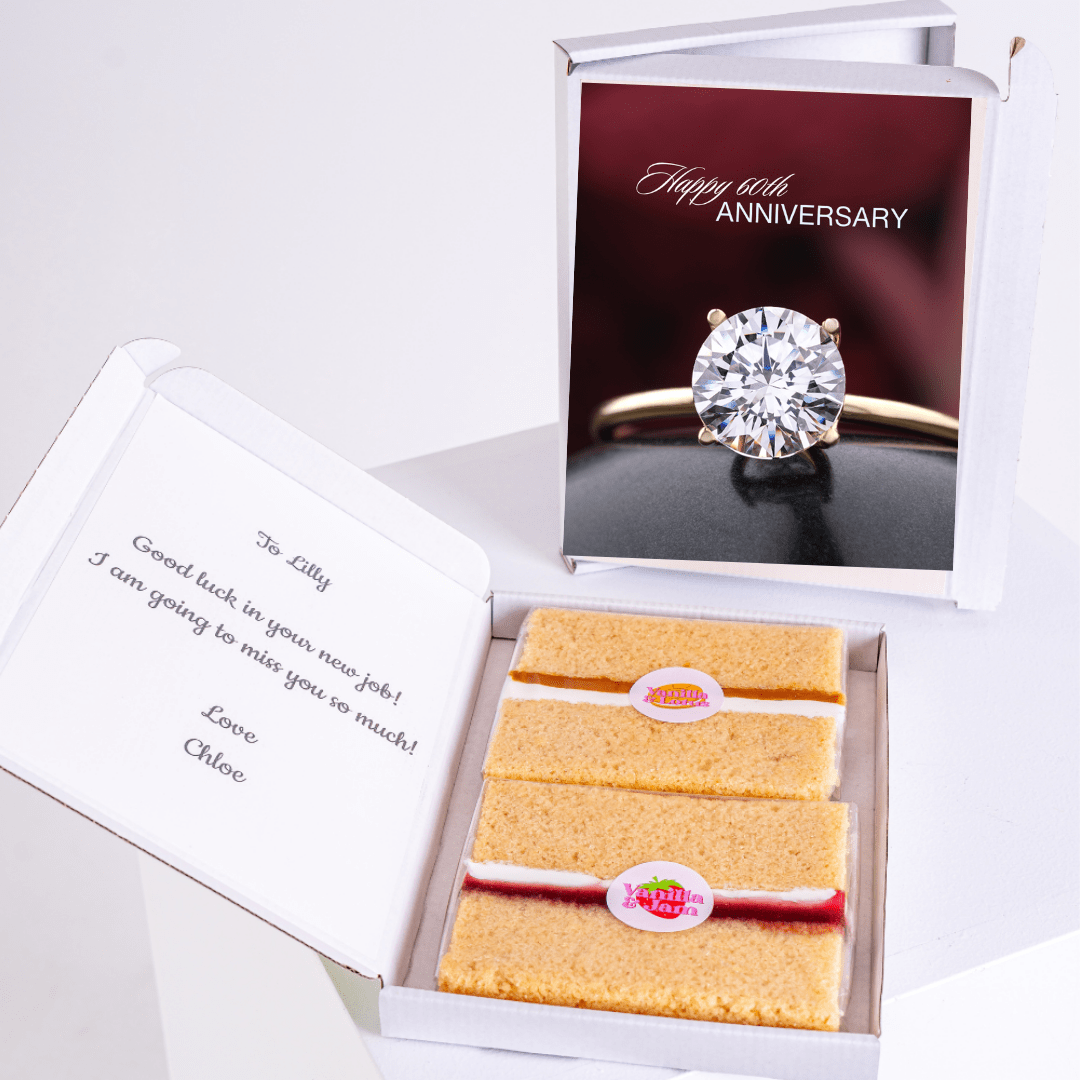 Cake and ring gift box for 60th Anniversary, with a farewell message.