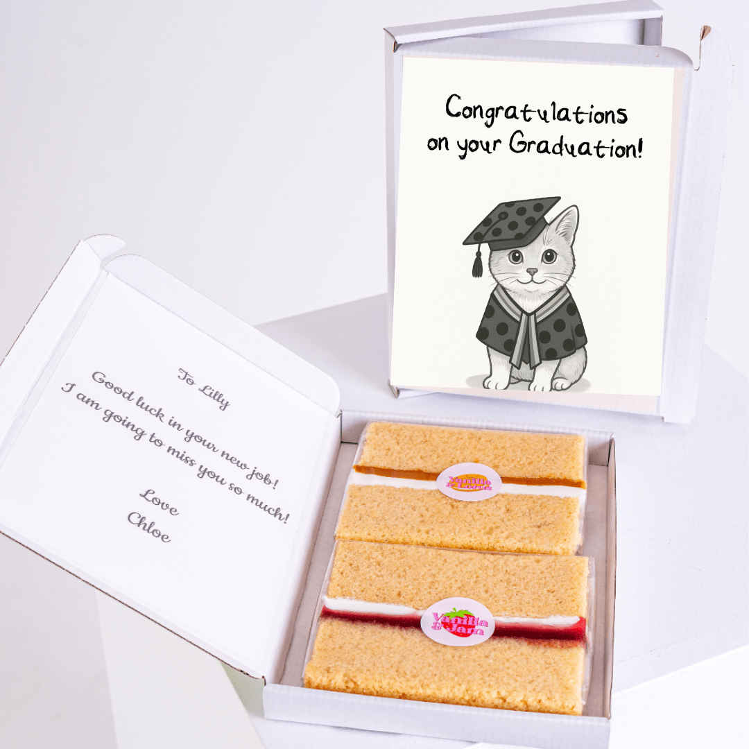 Graduation gift box with cake and card for Lilly.