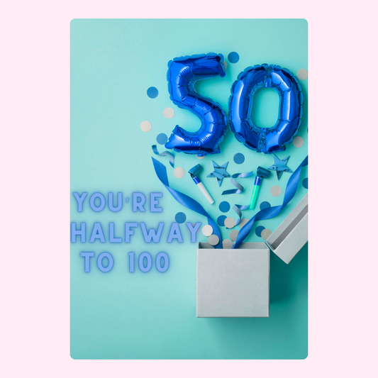 50th birthday card with blue balloons and confetti