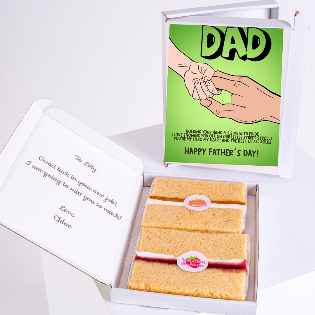 Father's Day gift box with cake and Dad card.