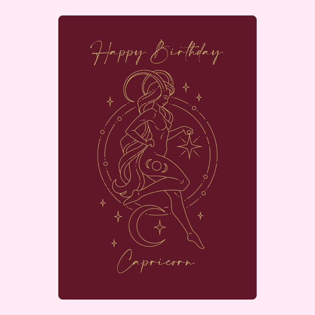 Happy Birthday Capricorn card with zodiac illustration
