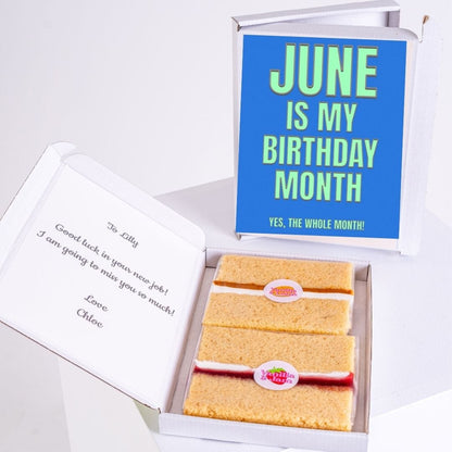 Cake slices in a box with a June is my birthday month sign.
