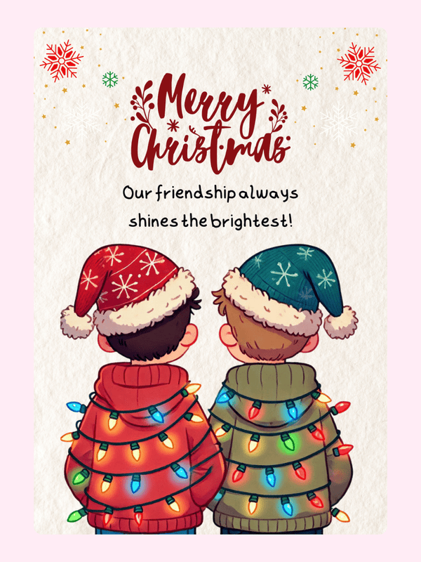 Two people in Santa hats with Christmas lights.
