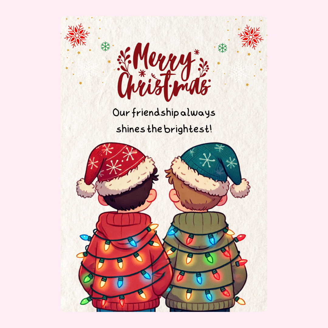 Two people in Santa hats with Christmas lights.