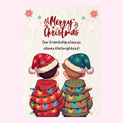 Two people in Santa hats with Christmas lights.