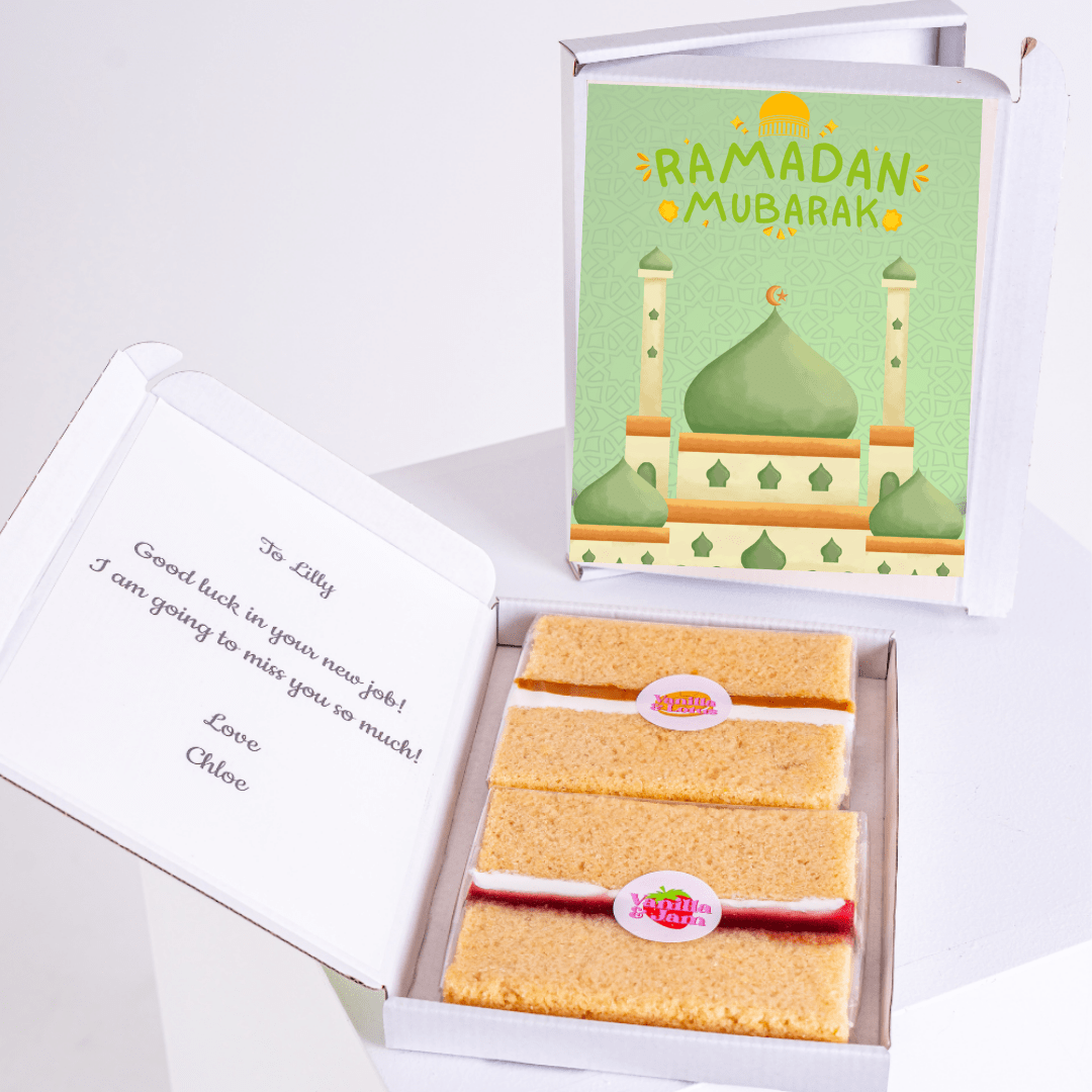 Ramadan Mubarak cake gift box for Lilly, goodbye message.