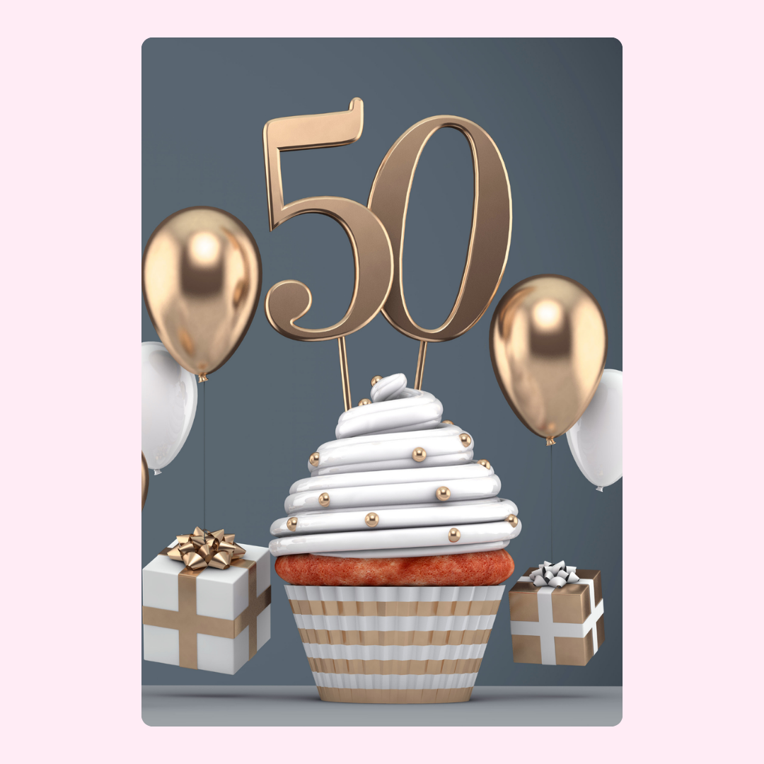 50th birthday cupcake with gold balloons and gifts