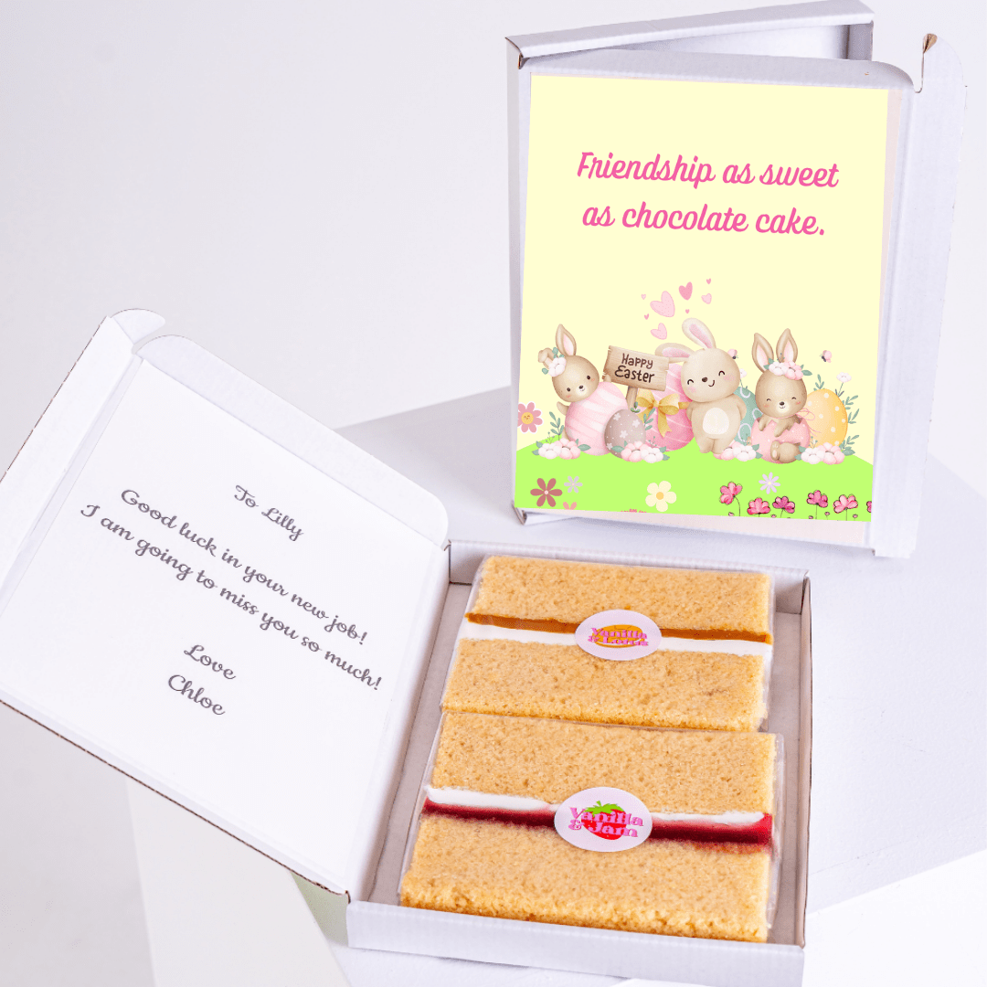 Chocolate cake gift box with Friendship as sweet as chocolate cake card.