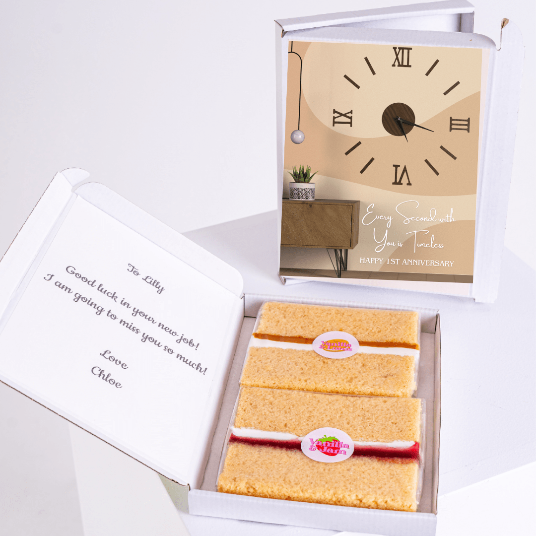 Cake gift box with clock design, Good luck Lilly message.