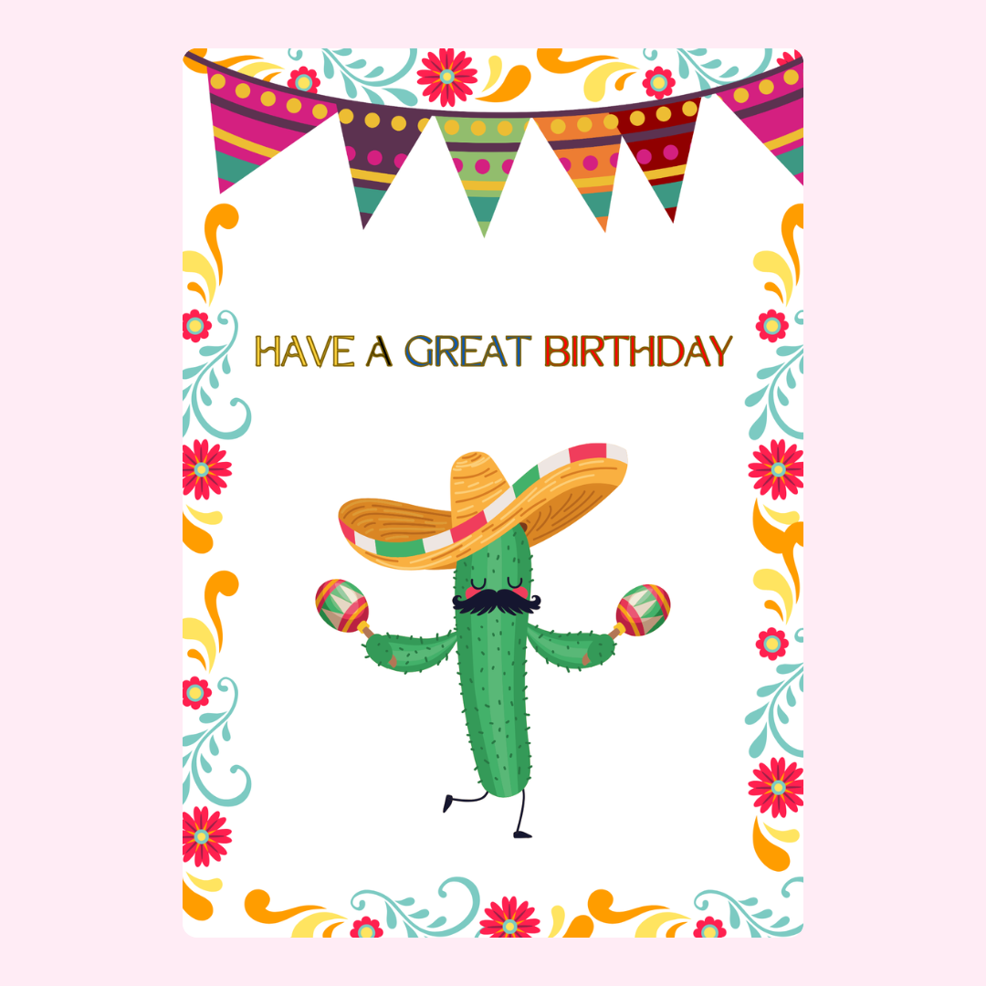 Birthday card with a cactus wearing a sombrero