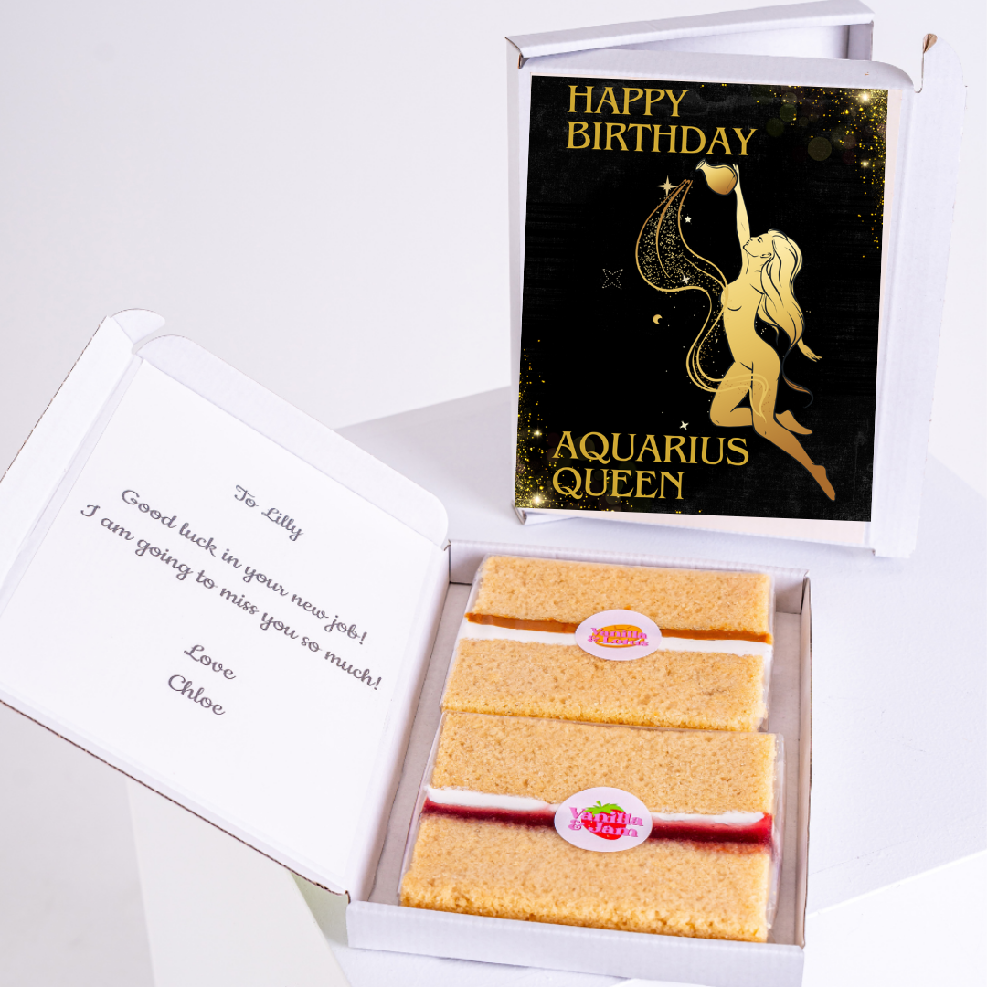Aquarius Queen birthday gift box with cake and card.